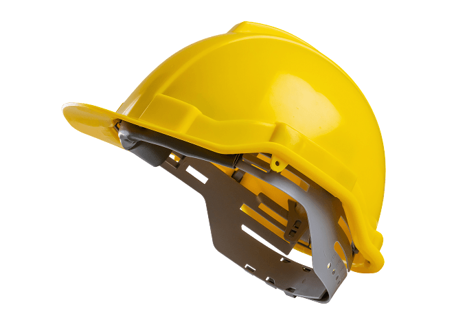 Yellow construction hard hat on black background.