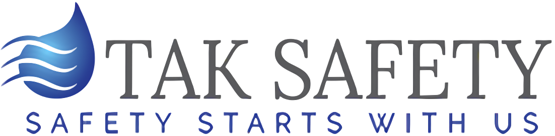 The logo of tak safety in blue and gray with transparent background